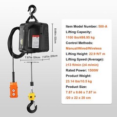 3in1 Portable Power Winch Crane 110V/120V 22.9 ft Lifting Height 1100lbs 1500W