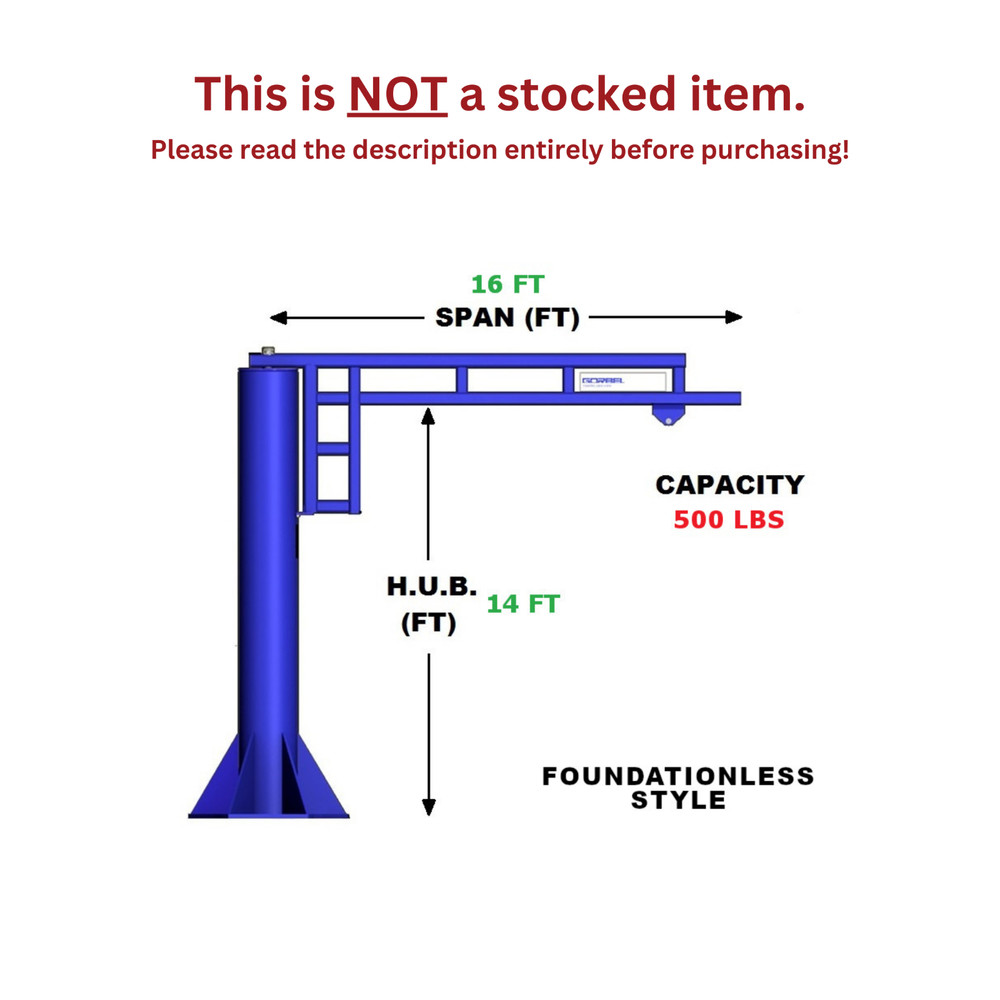 GORBEL FOUNDATIONLESS WORK STATION JIB CRANE – 500 LB CAP. SPAN 16 FT HUB 14 FT