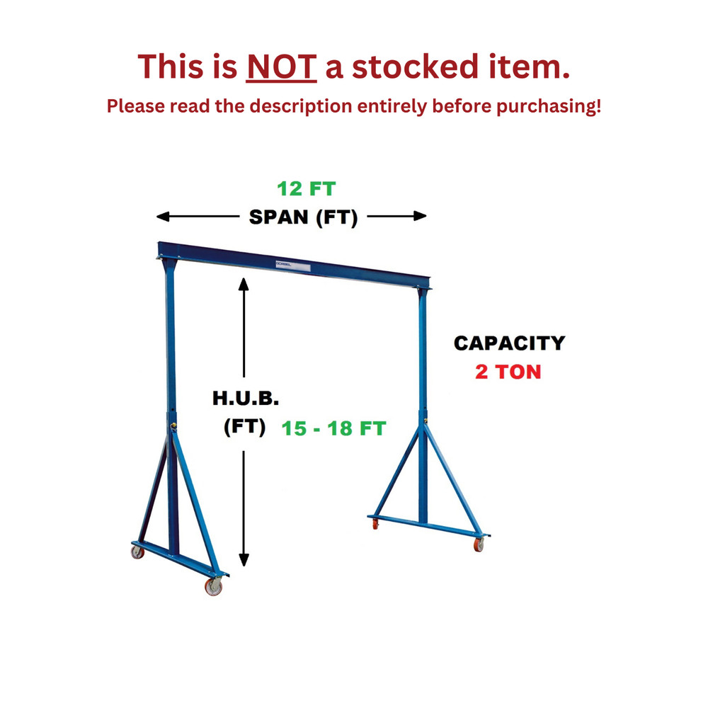 GORBEL ADJUSTABLE GANTRY CRANE – 2 TON CAPACITY, SPAN 12 FT, ADJ. HUB 15-18 FT
