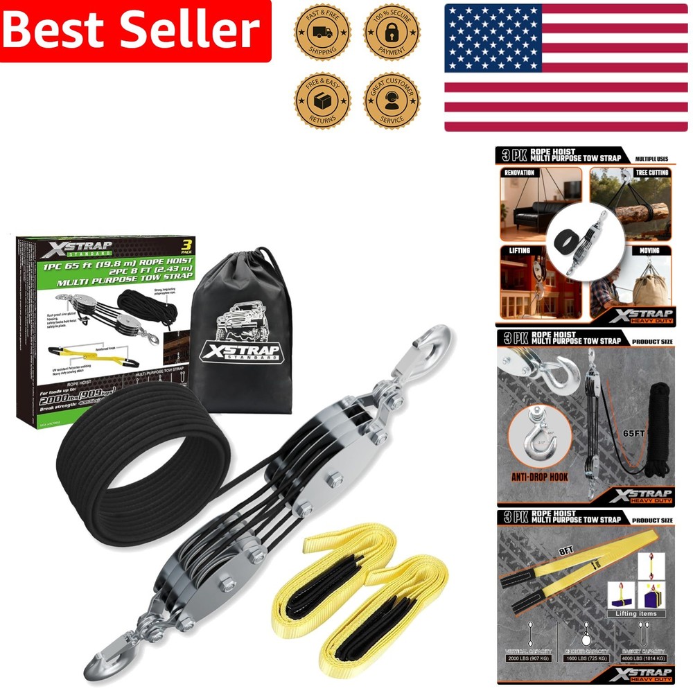 Strong 4000lb Breaking Strength 65 Ft Rope Hoist Kit w/ 8ft Slings