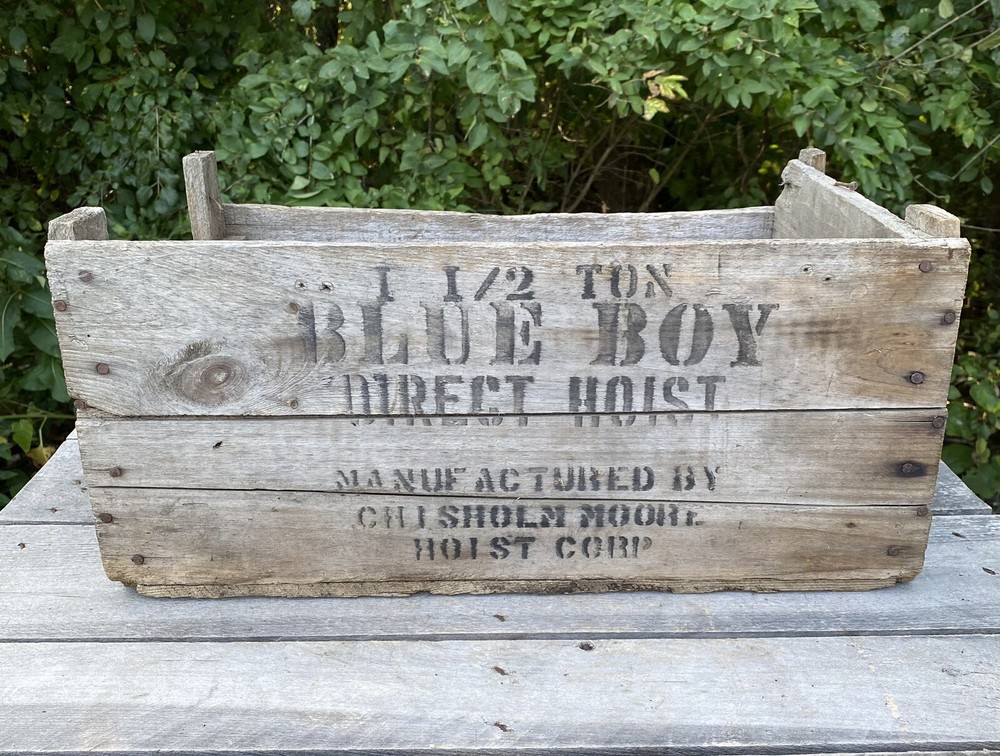 Vintage Shipping Crate Blue Boy 1 1/2 Ton Hoist Wooden Box Chisholm Moore Hoist