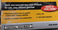 1 Ton Chain Hoist Central Machinery Grade 80 Steel Chain Model 00996 w/Box