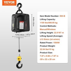 Heavy-Duty Electric Hoist Winch – 1500W Power, 13 ft/min Speed, 1100 lbs Lift