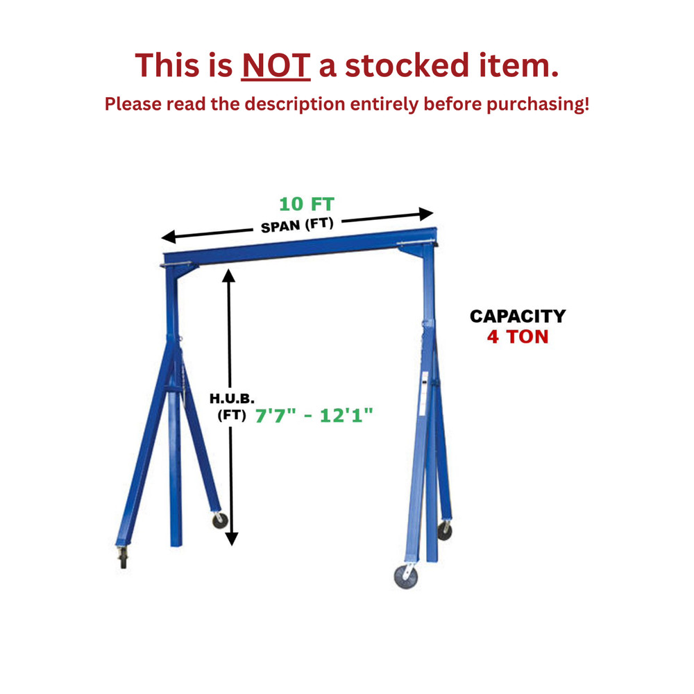 VESTIL ADJUSTABLE GANTRY CRANE – 4 TON CAPACITY, SPAN 10 FT, ADJ. HUB 7’7″-12’1″