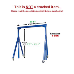 VESTIL ADJUSTABLE GANTRY CRANE – 4 TON CAPACITY, SPAN 10 FT, ADJ. HUB 7’7″-12’1″