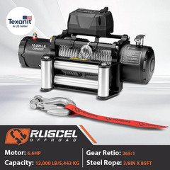 RUGCEL 12000Lb Waterproof Electric Winch – 12V Steel Rope (85Ft) with Roller Fai
