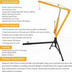 GARVEE Cherry Picker Truck Hitch Crane Hydraulic 500-1000lb Engine Hoist Lift