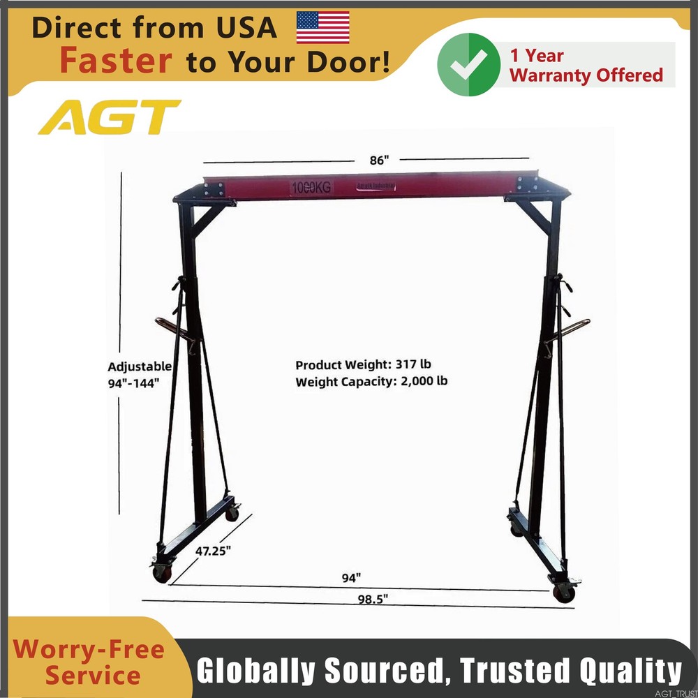 AGT Portable Shop Lift Hoist 1Ton Gantry Crane Adjustable Attachment 2000LB
