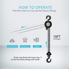 SPECSTAR Hand Chain Hoist 2 Ton 4400 Lbs Capacity 10 Feet with 2 2 Ton, Black