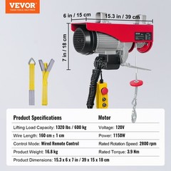 Electric Hoist, 1320 lbs 1150W 110V Electric Steel Wire Winch 14ft Wired Remote