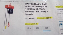 Dayton Electric Chain Hoist 2000 lb Load New