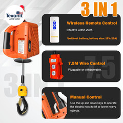 Power Electric Portable Hoist Winch 1500LBS, 3 in 1 Electric Cable Hoist 110V 25