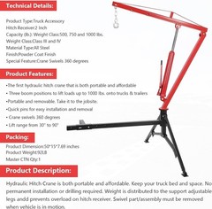 Hydraulic Pickup Truck Crane Hitch Mounted Crane 1000 lbs 360° Swivel Hoist Lift