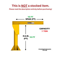 GORBEL FOUNDATIONLESS FREESTANDING JIB CRANE – 1 TON CAP. SPAN 10 FT HUB 10 FT