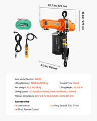 2200LB Electric Chain Hoist 120V 20FT Lift w/ Wired Remote G100