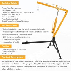 ⭐Hydraulic Hitch Mounted 360°Swivel Truck Bed Crane 1000LB for Lifting Heavy Mot