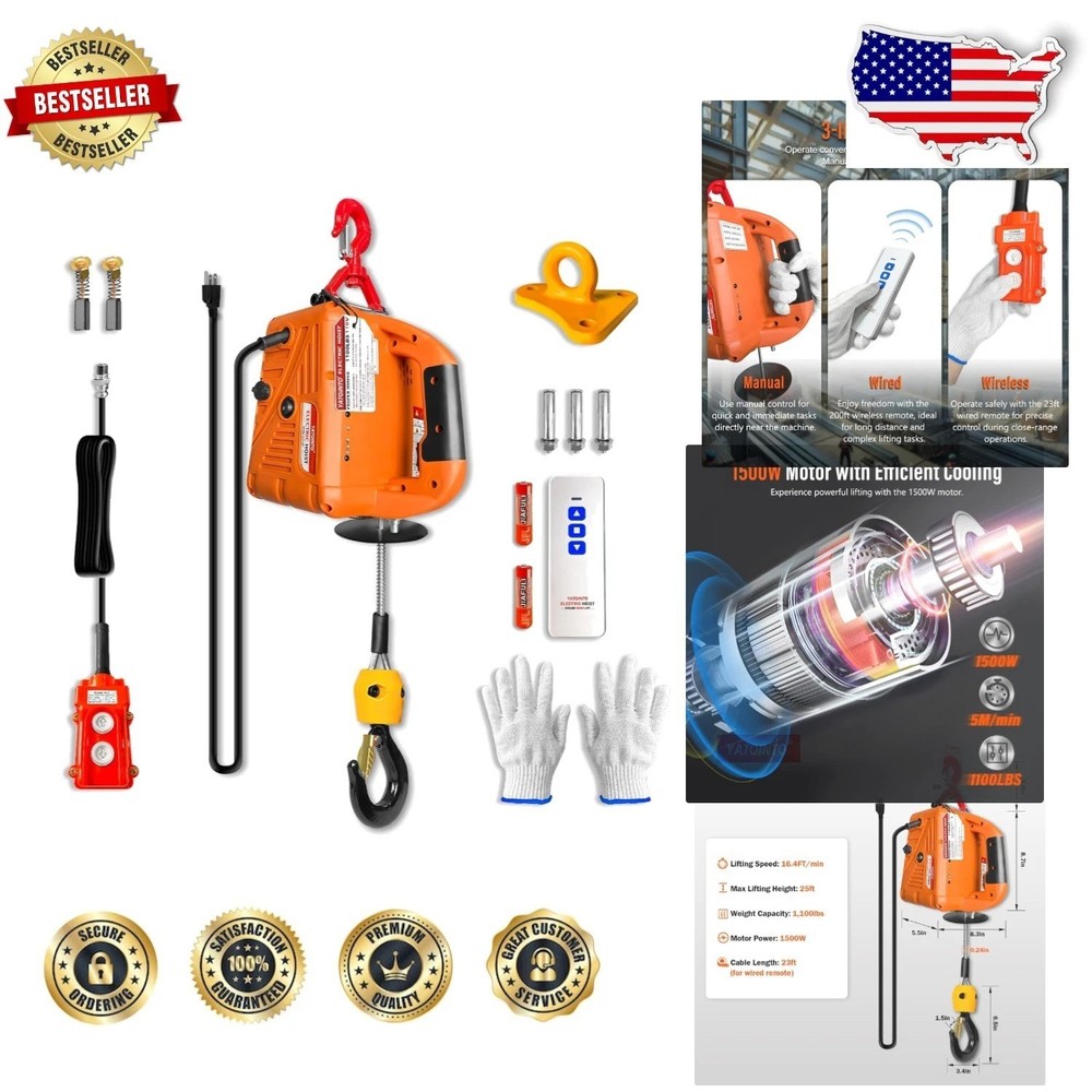 1100lb Electric Hoist Winch 1500W 120V Crane 25ft Lift Remote Safety