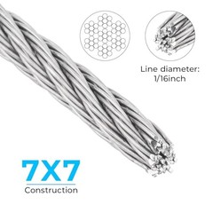 1/16 inch Stainless Steel Wire Cable 100FT 7×7 Strand Marine Grade with Fittings