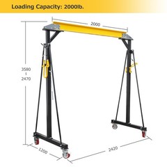 Adjustable 1 Gantry Crane 2200Lbs Capacity, Portable Shop Lift Hoist Ton