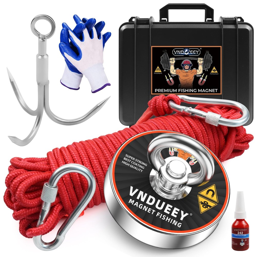 VNDUEEY Magnet Fishing Kit with Rope, Magnets 700 2.95″ 700LBS, Red