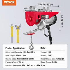 1320lb 110V 40ft Electric Hoist & Remote, Pure Copper Motor, 1150W