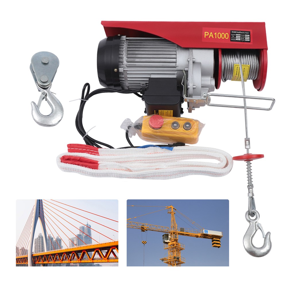1 Ton 2200LBS PA1000 Electric Hoist Lift Sling Strap Weighted Lift Hooks 1800W
