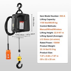 3-in-1 Electric Hoist Winch 1100lbs 1500W Portable Power Crane 110V/120V 22.9ft