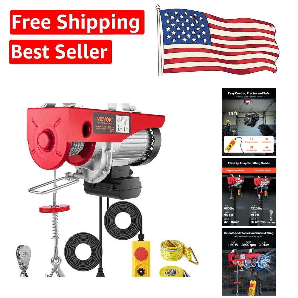 Reliable 110V Electric Hoist with Remote Control – 1320LBS for Factories & Homes