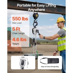 Manual Lever Chain Hoist, 1/ 4 Ton 550 Lbs, 5 Ft Lift, G80 Steel Chain, Dual