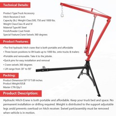 ⭐1000Lb Receiver Hitch Mounted Hydraulic Swivel Pickup Truck Crane W/3 Boom Capa