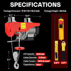Electric Hoist, 110V 1320 Lbs Winch with Remote Control, Zinc-Plated Steel Wire