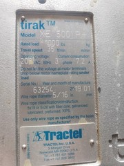 Tractel XE 500 P Hoist 1000kg 208V 60Hz 3 Phase Serial 63254