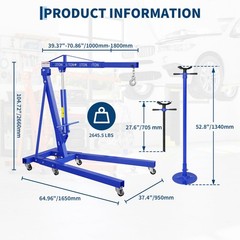 2 Ton Folding Engine Hoist Hydraulic Shop Crane & 3/4 T Underhoist Support Stand