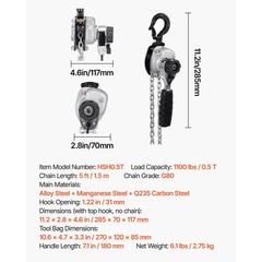 Manual Lever Chain Hoist, 1100LBS Capacity, 5FT Lift, G80 Alloy Steel Chain