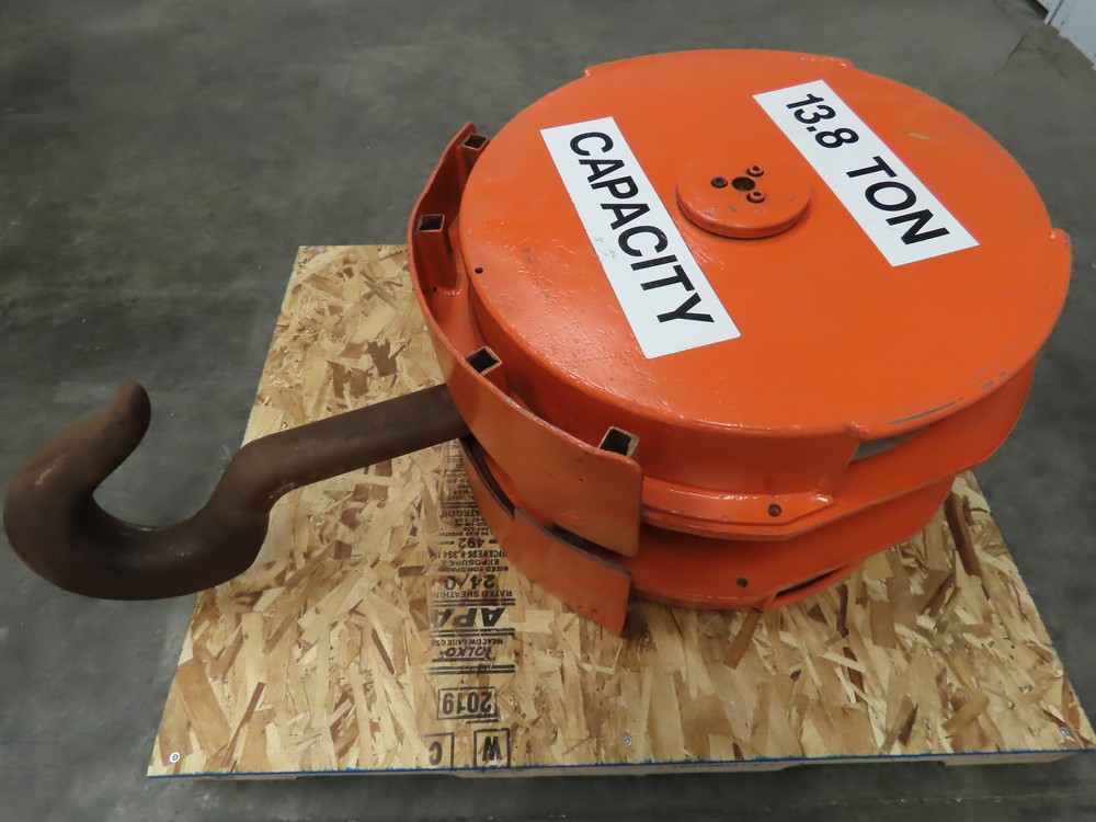 Bridge Crane Lower Block Hook Assembly 13.8 Ton Bottom Load 2 Sheave