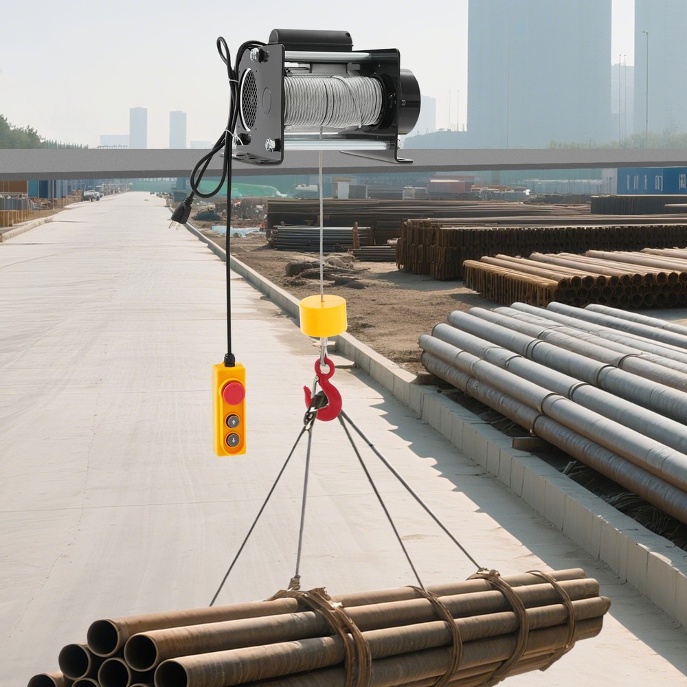 Electric Hoist Winch With Wired Control 881LBS Long Steel Wire Rope Lifting Tool