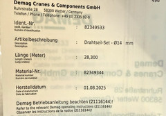 New Demag wire rope set for DH 600 H12 2/1 – 14mm length 28.3m No. 82349533