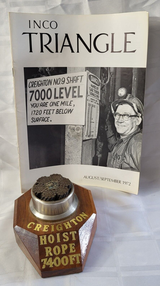 1960’S CREIGHTON CANADA ALLOYS HOIST ROPE 7400FT STAFF AWARD MINING WITH BOOK