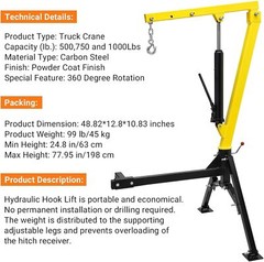 Hydraulic Pickup Truck Crane Hoist Crane 1000lbs Capacity 360° Swivel Hoist Lift