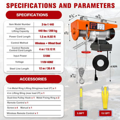 2-in-1 Electric Hoist 440Lbs Winch with Wireless Remote & Overload Protection