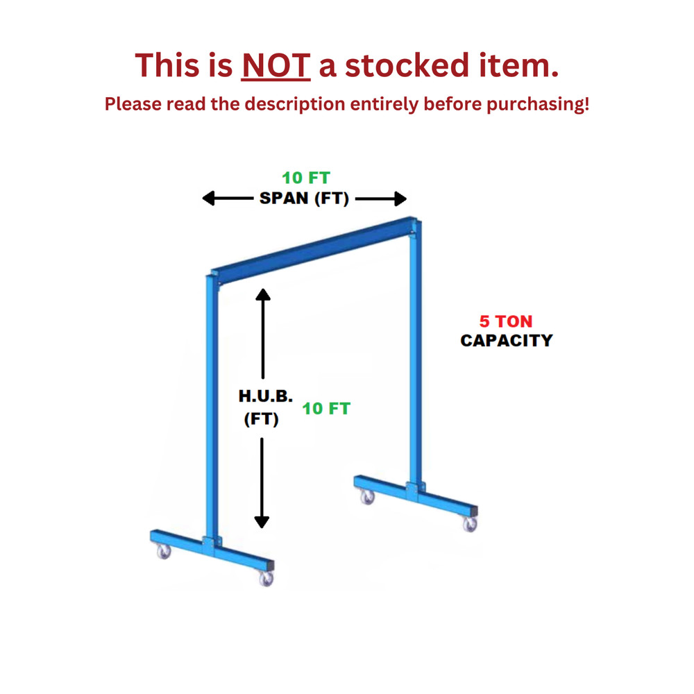 GORBEL FIXED GANTRY CRANE – 5 TON CAPACITY, SPAN 10 FT, HUB 10 FT