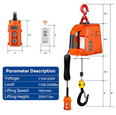 3 in 1 Electric Hoist Winch,2200 Lbs Manual/Wired/Wireless Remote Control,110/12