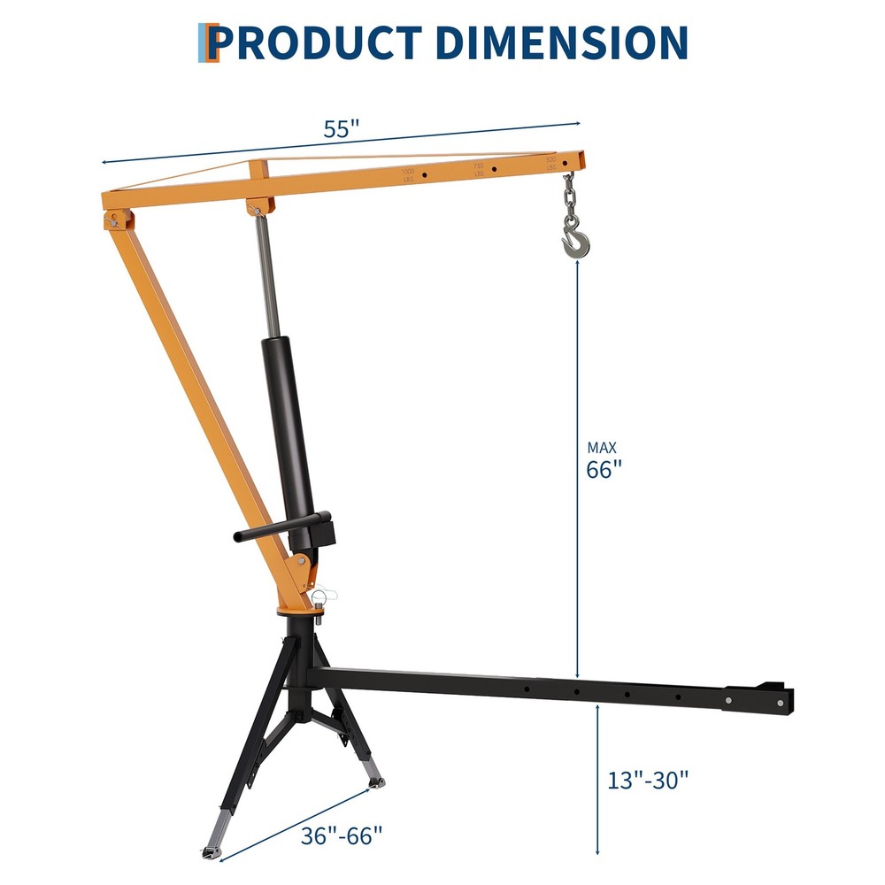 1000lbs Hydraulic Pickup Truck Crane Hitch Mounted Crane 360° Swivel Hoist Lift