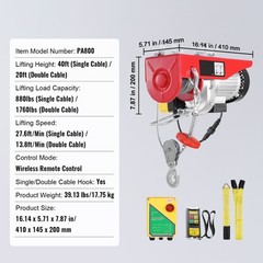 Electric Hoist Crane Winch 1760 lbs with 328 ft Wireless Remote Control