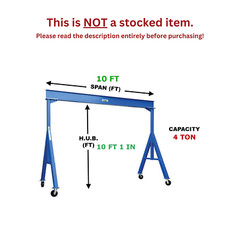 VESTIL FIXED GANTRY CRANE – 4 TON CAPACITY, SPAN 10 FT, HUB 10 FT 1 IN