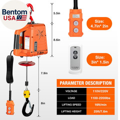3 in 1 Electric Hoist Winch,1100 Lbs Manual/Wired/Wireless Remote Control,110/12