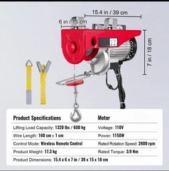 Vevor Electric Hoist 1320lbs Crane Winch with Wireless Remote Control 1150W,Exce