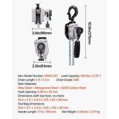 Manual Lever Chain Hoist, 1/ 4 Ton 550 Lbs, 5 Ft Lift, G80 Steel Chain, Dual