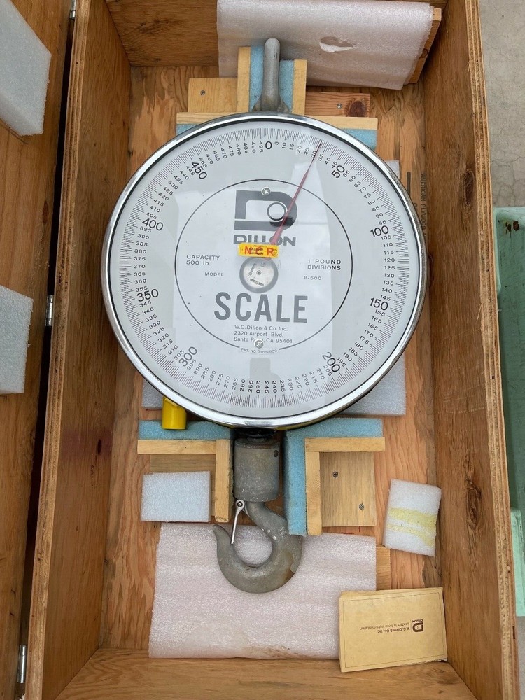 DILLON P 500 500 LB HANGING CRANE DIAL FACED SCALE WITH SHACKLE & HOOK BOXED