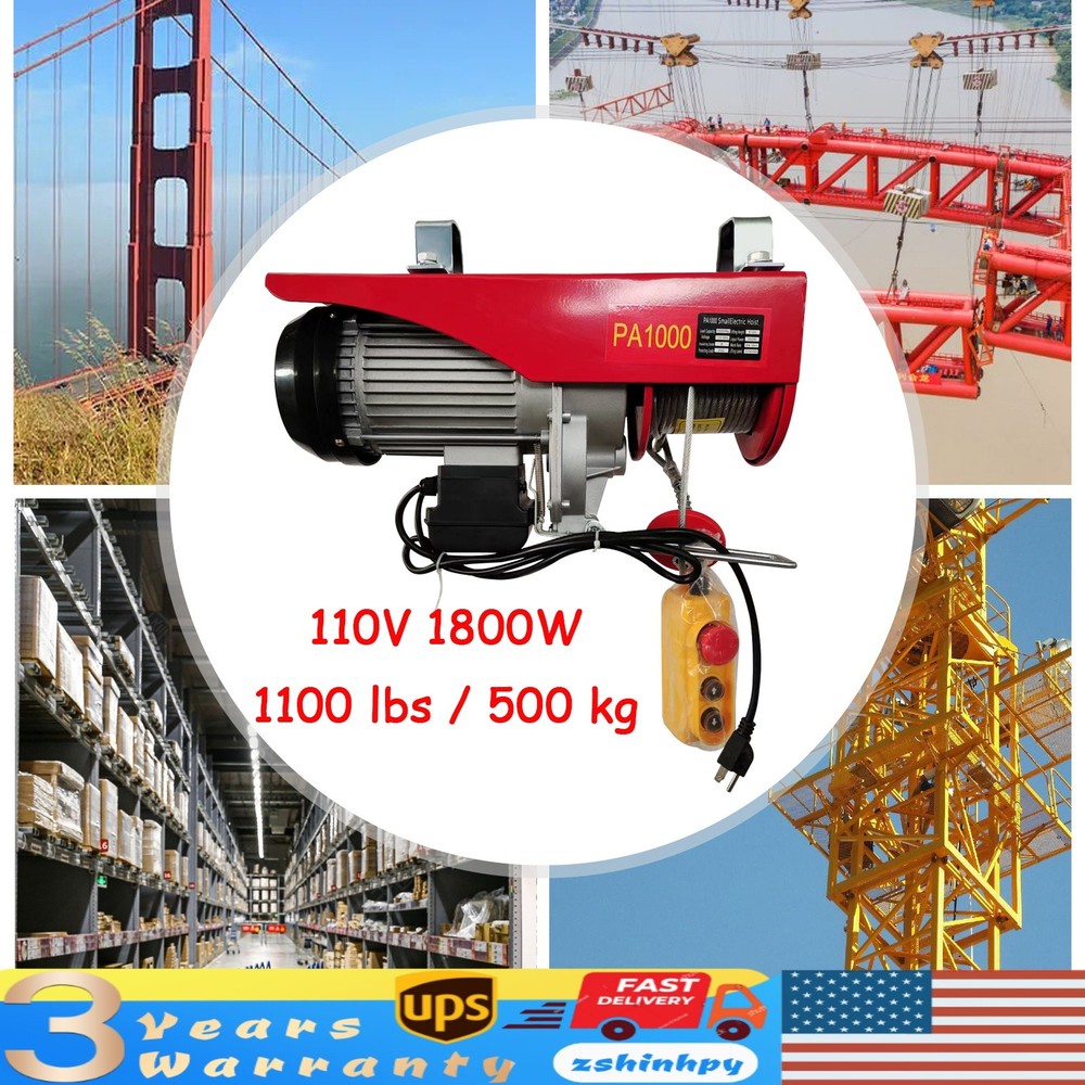 2200LB Electric Wire Cable Hoist Winch Crane Lift Overhead Remote Control PA1000
